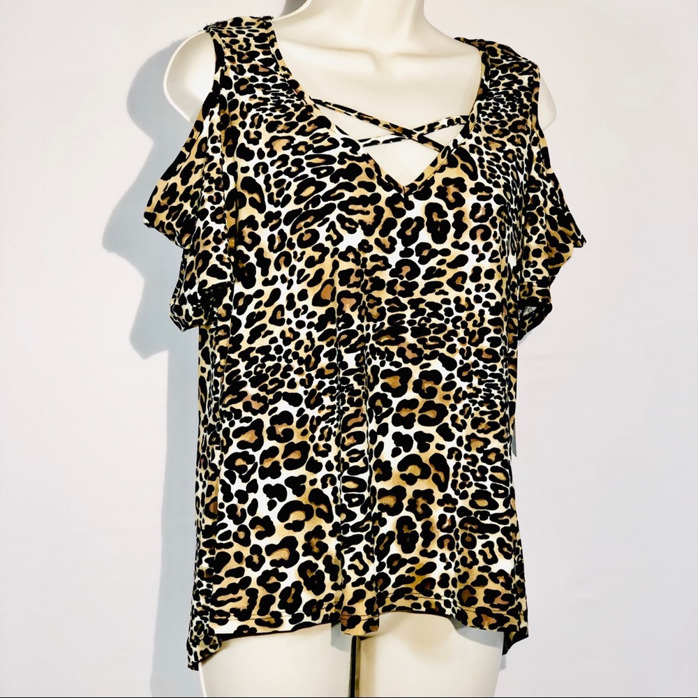 New.!Orange Kiss Blouse Cold Shoulder Animal Print - Picture 1 of 8